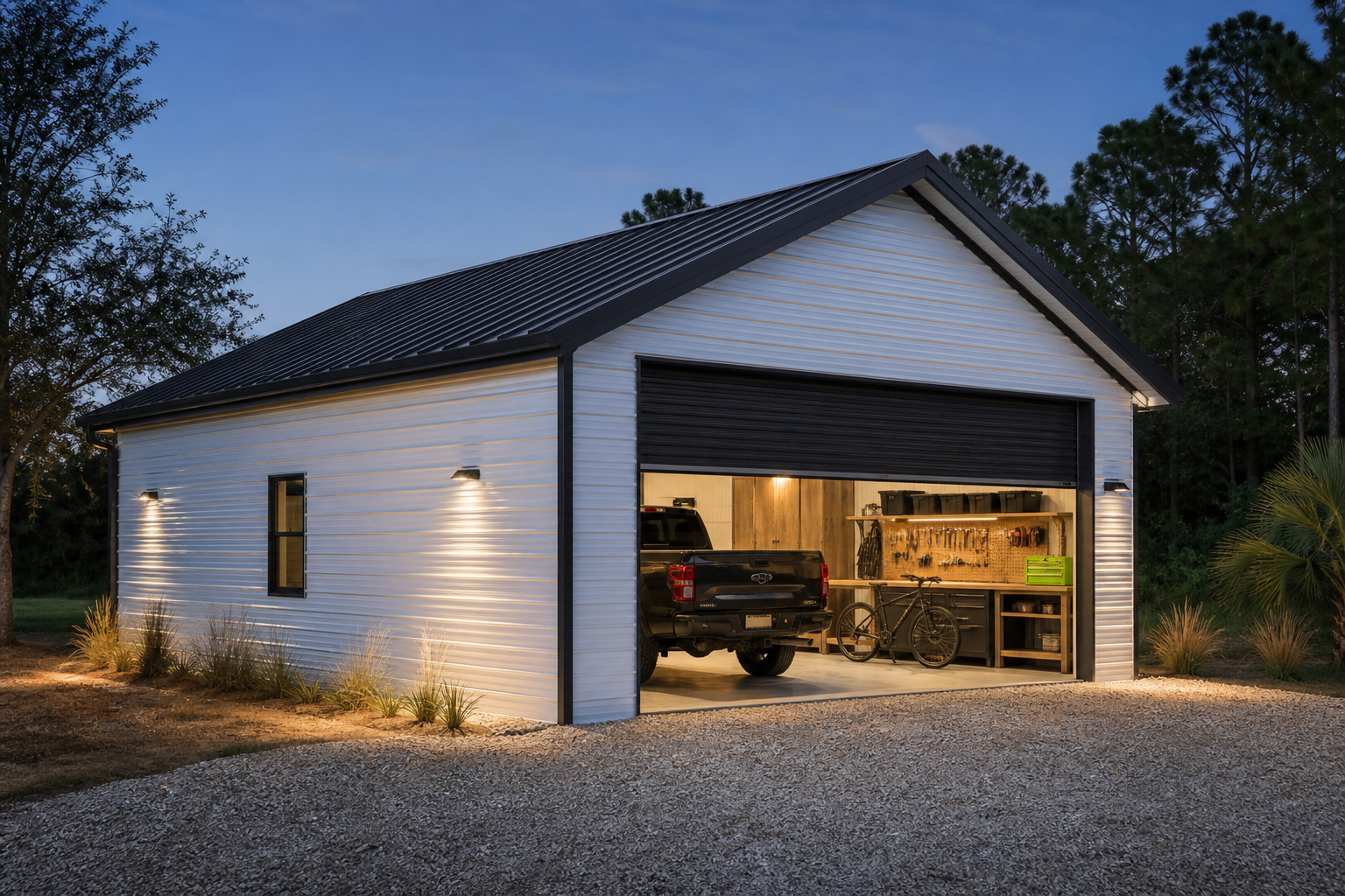 Insulated panel garage with truck, workbench, bicycle and storage