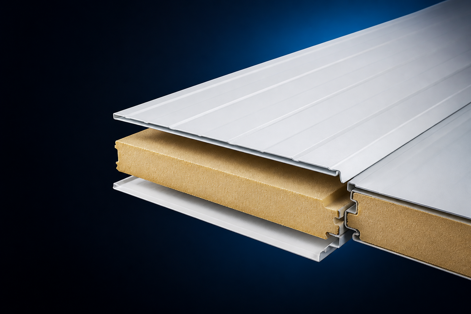 Exploded insulated building panel showing steel skins, insulated core and interlocking edge